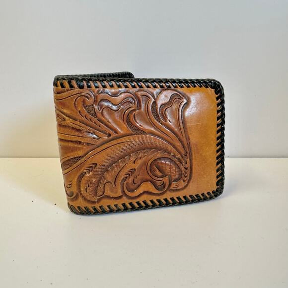 Vintage Floral Tooled Leather Wallet Western Design Bifold with Coin Pocket‎ - Picture 4 of 16
